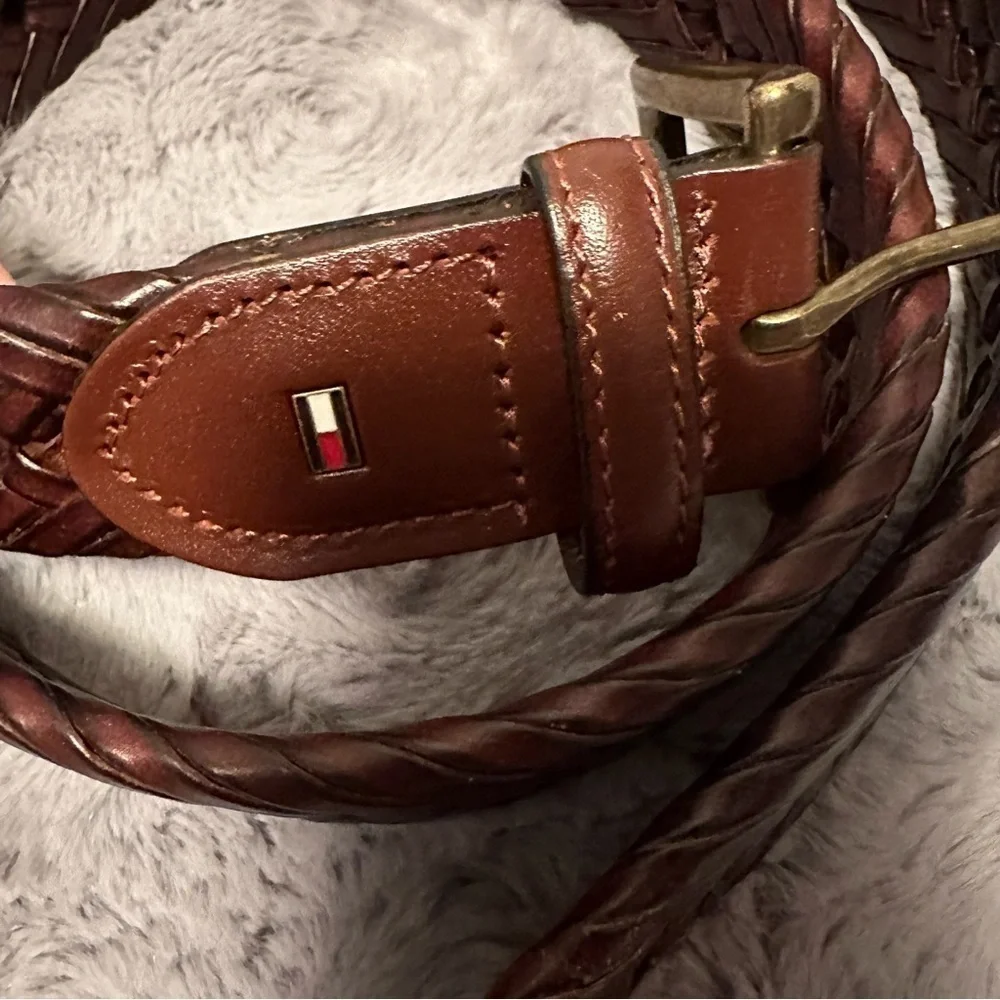 Tommy Hilfiger Logo Men's Leather Trim Braided Laced  Belt Brown 34 Brass Buckle